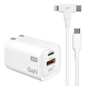 PQI 35W Dual Port GaN PD/QC3.0 Fast Charger with 2-in-1 USB-C to USB-C and Lightning Cable 120 cm