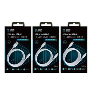 Acer Gaming USB-A to USB-C 1 m White + USB-C to USB-C 1.2 m White + USB-C to USB-C 2 m White Silicone Braided Cable 3-Pack Set